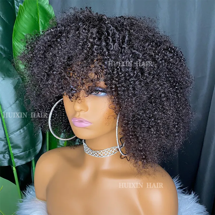 Grosir 100% Rambut Manusia Mentah Virgin Natural Indian Marley Wave Afro Keriting Keriting Wig Biasa dengan Bang