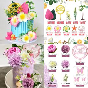 Décoration de gâteau en gros d'usine : fleurs d'hibiscus, boules de mousse aux couleurs variées, feuilles de palmier, topper de gâteau Joyeux Anniversaire Flamant rose - Product Image 4