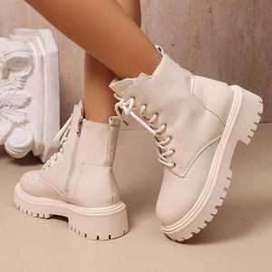 Kadın Bağcıklı Asker Botu Yan Fermuarlı Kalın Platform Yuvarlak Burun PU Deri Bilek Botu Siyah Krem Kışlık Ayakkabı - Product Image 2