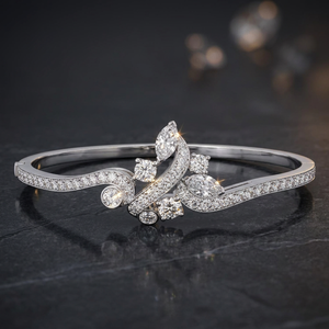 Classic Rhodium Plated 925 <b>Silver</b> <b>Cuff</b> <b>Bracelet</b> With Round Brilliant Cut Diamond For Women Wedding Jewelry - Product Image 3