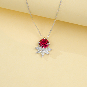 925 Sterling Silver Lab Grown <b>Ruby</b> <b>Necklace</b> Cushion Cut Marquise CZ Halo Floral Pendant Clavicle Chain for Women K - Product Image 5