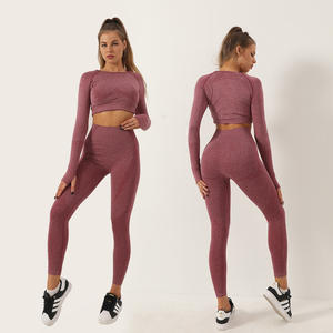 Femmes européennes américaines Jacquard Fitness Yoga Wear à manches longues <span class=keywords><strong>ensemble</strong></span> haut pantalon sans couture soutien-gorge à pois respirant taille légère - Product Image 4