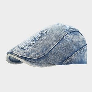 Distressed Denim Beret Hat Washed Fashion Jean Fabric Letter Design <b>Flat</b> Top Ivy Hat - Product Image 4