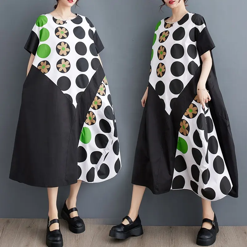 2023 summer new loose print round collar temperament A-line dress