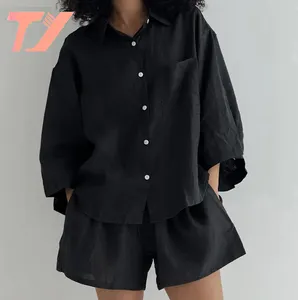 TUOYI Female Spring Three Quarter Sleeve Nightwear Nightie For Women Loose Pajamas Single Breasted Black Cotton Sleepwear