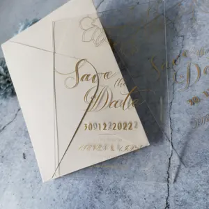 Invitaciones de boda acrílicas impresas en superficie transparente, papel de aluminio dorado o plateado