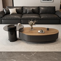 Table basse avec plateau en bois massif et structure en métal, table d'appoint avec plateau en verre, espace de rangement pour petit appartement, salon