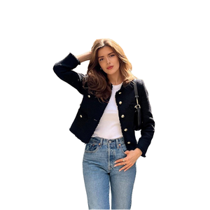 แจ็คเก็ตแขนยาววินเทจของผู้หญิงในฤดูใบไม้ร่วงเสื้อนอกหรูหราคอกลมกระดุมเดียวหน้าอกเดี่ยวเสื้อแจ็คเก็ตสั้นกระเป๋าที่สง่างาม - Product Image 4