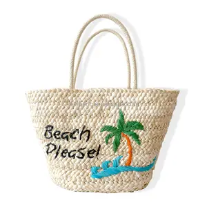 Bolso de paja de cocotero tejido a mano con cáscara de maíz personalizado de diseñador, bolso portátil de un hombro para mujer, bolso de playa para vacaciones