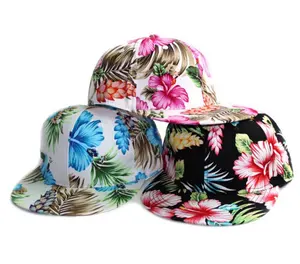 Wholesale Blank Hawaiian Black Pink Flowers Flat Bill Visor Cotton Full Floral Snapback Hats