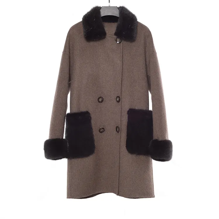 Jtfur Fashion Winter Warm Fur Collar Pocket Double Face Wool Jacket Wool Coat With Real Mink Fur