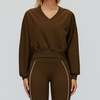 Sweat-shirt à capuche respirant et léger pour femme, grande taille, coupe courte, col en V, manches longues, avec logo frontal, idéal pour l'entraînement, décontracté, pull-over, haut de yoga