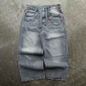 Pantalones <span class=keywords><strong>Vaqueros</strong></span> Personalizados para <span class=keywords><strong>Hombre</strong></span>, Bordados, Negros, Lavados, Estilo Baggy, con Detalle de Cadena y Estilo Urbano - Product Image 2