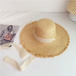 Chapeau de plage pour femme à <span class=keywords><strong>large</strong></span> bord effiloché en fourrure style été avec ruban, décontracté, sortie, vacances en bord de mer, chapeau de soleil - Product Image 3
