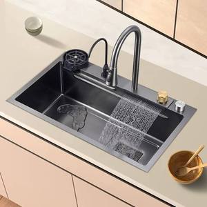 Robinet de cuisine moderne en acier inoxydable à poignée unique, mitigeur chaud/froid avec douchette extractible et cartouche céramique, à poser sur plan - Product Image 2