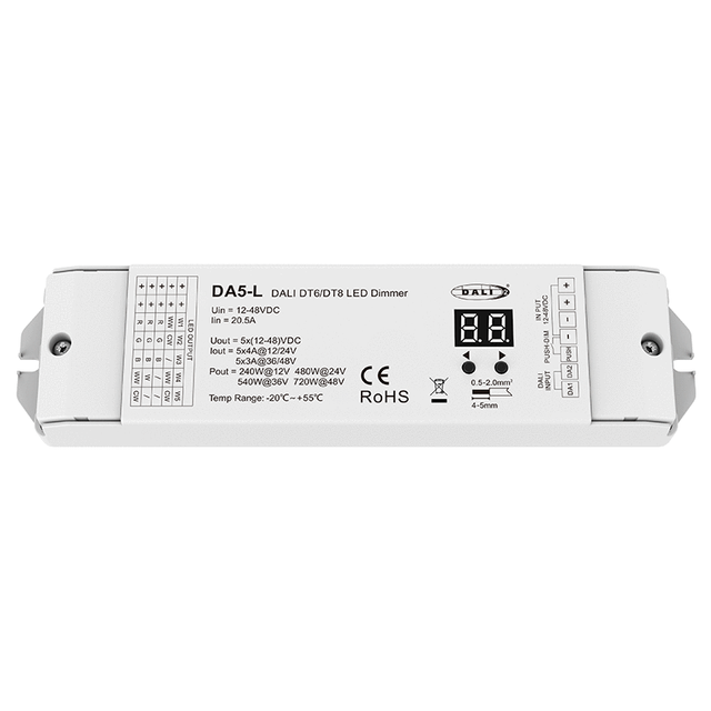 DA5-L (DT6/DT8) 5CH*4A 12-48VDC CV DALI LED Dimmer Wireless Remote Control ROHS Certified 12V DMX Connection for LED Lighting
