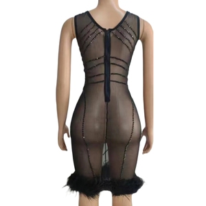 Vestido de noche corto sin mangas para mujer, Sexy, transparente, con piedras de malla, cristales, <span class=keywords><strong>plumas</strong></span>, ajustado - Product Image 4