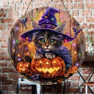 Decoración de fiesta de Halloween de madera más vendida, letrero colgante, sombrero de bruja, gato, letrero de puerta espeluznante, suministros de ambiente para fiestas y vacaciones - Product Image 1