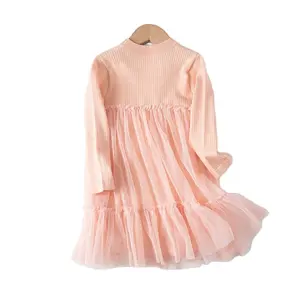 2024 Spring Children's Clothing Girls Dress Long Sleeve Pink Spot Princess Dress Solid Color Mesh Skirt