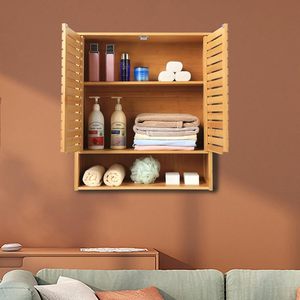 Armoire murale en bambou 58,4x20x66cm, étagère de rangement rectangulaire multifonctionnelle murale pour salon - Product Image 3