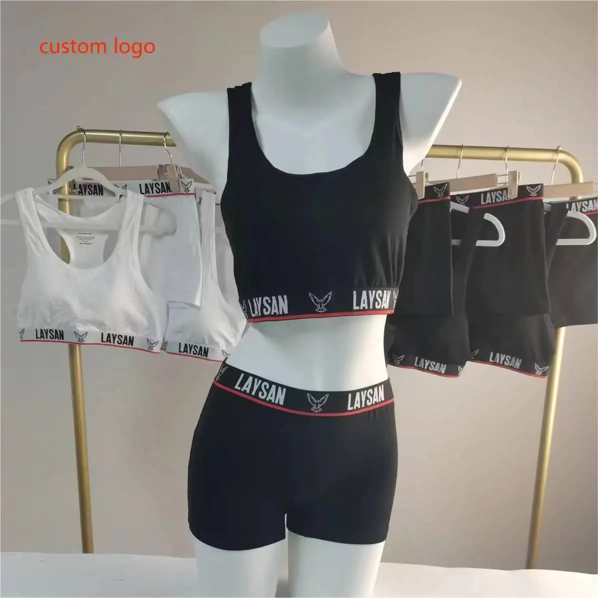 custom cotton Women's Bra And Panties Logo Elastic Band Sports Bra Brief Sets