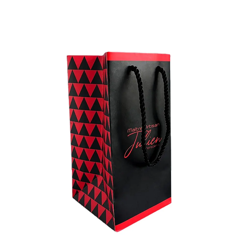 Exquisitas bolsas de papel de vino tinto negro al por mayor con logotipo personalizado impreso para regalo, producto de maquillaje, embalaje de compras