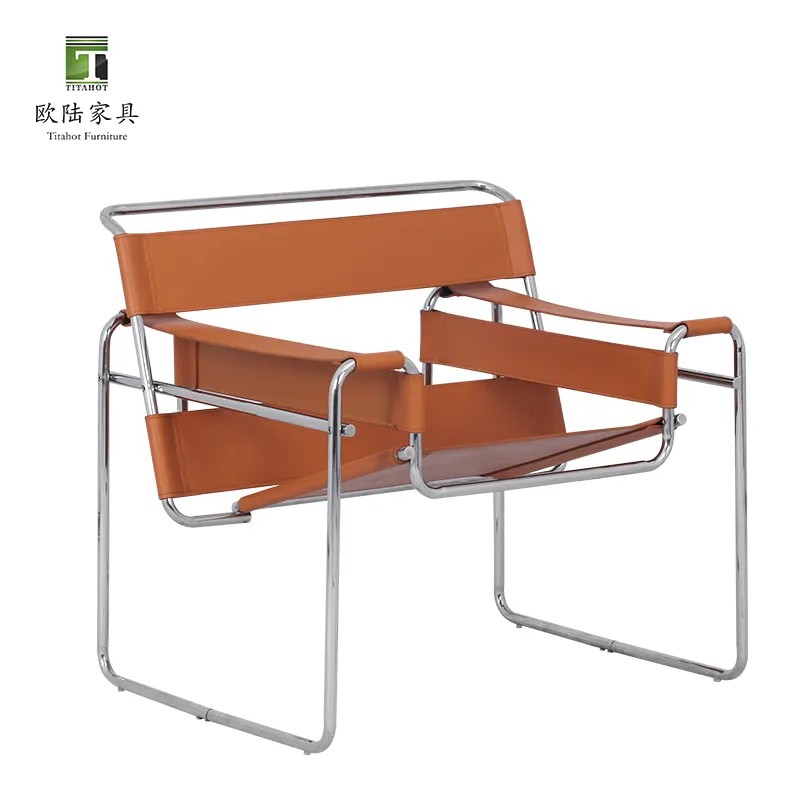 현대 디자이너 가구 발코니 라운지 의자 가죽 팔 의자 스테인레스 스틸 프레임 거실 의자