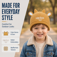 Bonnet tricoté personnalisé pour bébés et enfants, avec logo, marque privée OEM, style Docker en corne de bœuf, tissu doux de qualité supérieure pour marques de vêtements pour enfants de boutique