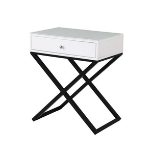 Koraldo 23W White Wooden <b>Side</b> <b>Table</b> With Glass Top <b>Drawer</b> Metal Cross Base Nightstand - Product Image 2