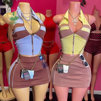 Ensemble jupe 2 pièces pour femme, nouvelle collection, color block, patchwork, haut court sans manches zippé et jupe, style streetwear tendance
