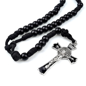 <span class=keywords><strong>Collana</strong></span> Cattolica con Perle Acriliche Nere da 12mm, <span class=keywords><strong>Rosario</strong></span> Robusto in Paracord per Uomo - Product Image 2