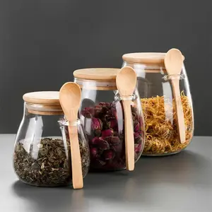 OEM ODM 350ml 600ml 1000ml Glass Storage Jar With Bamboo Wooden Lid And Spoon