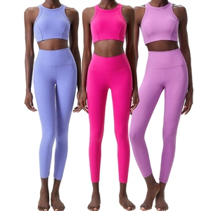 ชุดออกกำลังกายโยคะวิ่งสองชิ้นสำหรับผู้หญิงไซส์ใหญ่ แบบไขว้หลัง ลายทางวิลโลว์ ผ้าเนื้อยืดสีพื้นสำหรับฤดูร้อน - Product Image 3