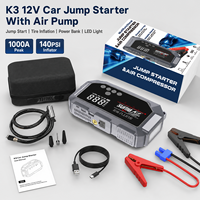 1000A 12V Car Jump Starter with Built-in Air Compressor, 140PSI Tire Inflator, 6000-12000mAh Battery Booster, for Sedan SUV MPV
