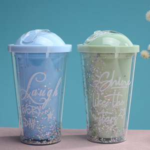 Double Walled Plastic Straw Cup With Sliding Lid Sequined Water Bottle For Students Back To School 2 Piece Set - Product Image 3