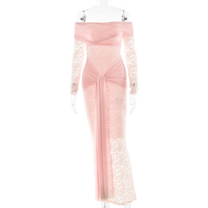 Vestido de Noche Elegante de Estilo Europeo con Encaje, Hombros Descubiertos, Espalda Descubierta, Manga Larga y Detalle de Lazo, Corte Ajustado - Product Image 5