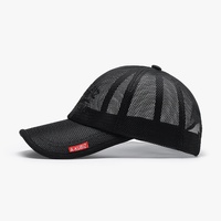 Gorra de béisbol unisex negra de 6 paneles con visera, bordado de letras, transpirable, de poliéster 100%, para verano y exteriores