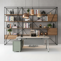 Bureau de direction moderne convertible en forme de L, gris et blanc, en panneaux de particules E1 écologiques, rails silencieux, pour bureau professionnel de PDG