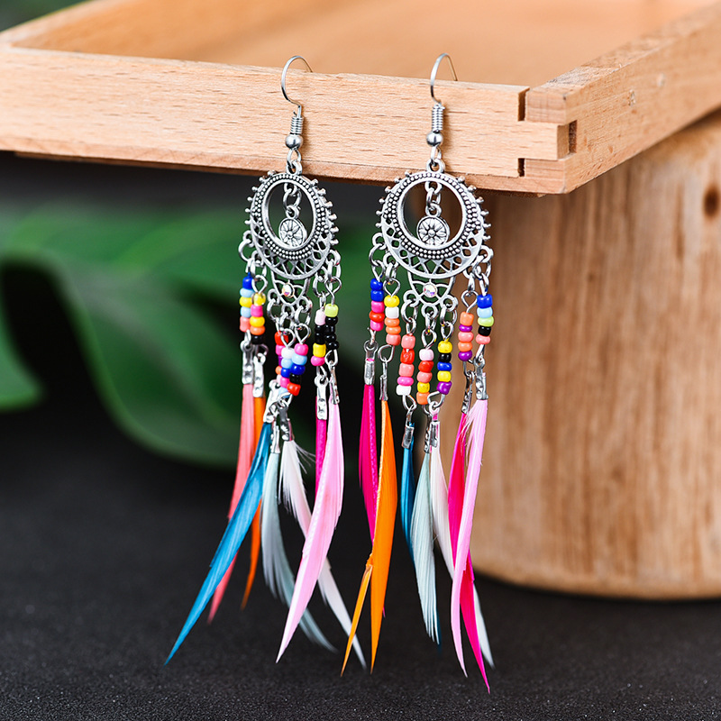 Orecchini Lunghi Boho Con Piume Blu E Nappe – Gioielli Artigianali Vintage, Regalo Originale Per Donna