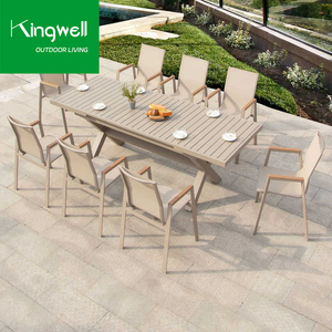 Design moderno esterno in alluminio Set da pranzo Patio balcone mobili da caffè <span class=keywords><strong>con</strong></span> tavolo da pranzo in legno e 6 <span class=keywords><strong>sedie</strong></span> per uso ristorante - Product Image 1