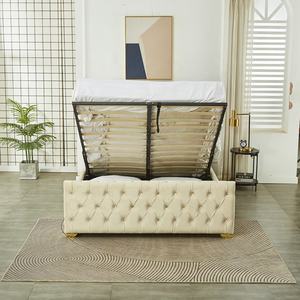 モダンラグジュアリーベッド ゴールデンミラービーム ベルベット生地張り キングサイズ ガスリフト オットマン収納ベッドフレーム - Product Image 3