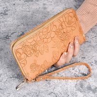 Dompet Panjang Wanita Motif Bunga Embos PU, Dompet Clutch Mewah, Dompet Passport Fashion, Tempat Kartu Desainer dengan Tali Pergelangan Tangan