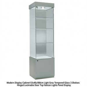 ตู้โชว์โมเดิร์น 53x46x188 ซม. สีเทาอ่อน กระจกนิรภัย 3 ชั้น บานประตูล็อคได้ ไฟฮาโลเจนด้านบน แผงโชว์ - Product Image 2