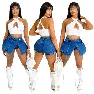 SSY Best Seller Stretchy Denim Skort Summer Low-waisted Tassel Package Hip Shorts Women Slim Short Jeans