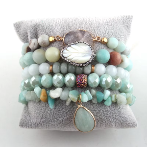 Ensemble de bracelets extensibles faits à la main pour femmes en pierre amazonite, perles de verre cristallines, perles d'eau douce élastiques, coquillages et <span class=keywords><strong>druzy</strong></span> - Product Image 1
