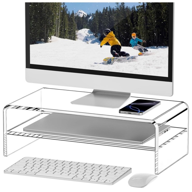 Acrylic 2-Tier Monitor Stand Riser Holder Modern for Design Pre-Assembled Desk Organizer with Keyboard & Laptop Storage