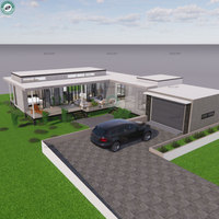 Maison préfabriquée moderne à un étage surélevée avec 3 chambres, 3 salles de bain, terrasse extérieure centrale et garage séparé