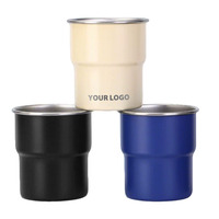 Mug empilable en acier inoxydable 304 de 300 ml avec couvercle, revêtement poudré, logo personnalisé, pour le camping en plein air, la bière ou le café