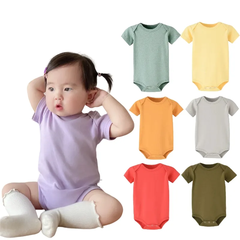 新生児必需品綿100% プレーンガール服6-12ヶ月ニット半袖ジャンプスーツベビーロンパース