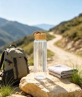 Bouteille en verre borosilicate haute résistance côtelée de 550 ml (18 oz), étanche, portable, avec couvercle en bois pour l'extérieur
